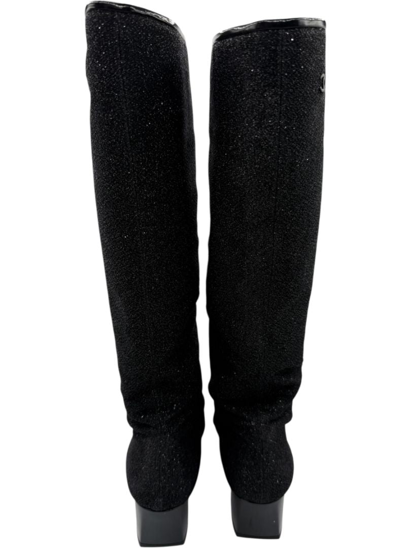 Chanel Black Glitter Fabric & Patent Leather Square Toe Boots – Size 39.5