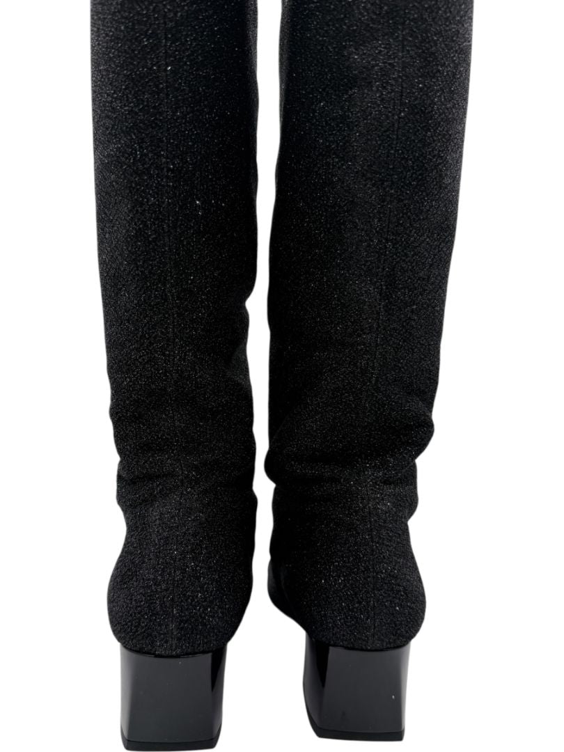 Chanel Black Glitter Fabric & Patent Leather Square Toe Boots – Size 39.5