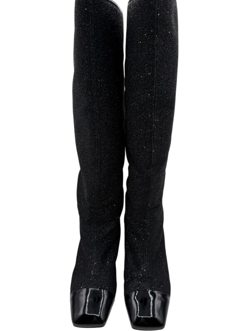 Chanel Black Glitter Fabric & Patent Leather Square Toe Boots – Size 39.5