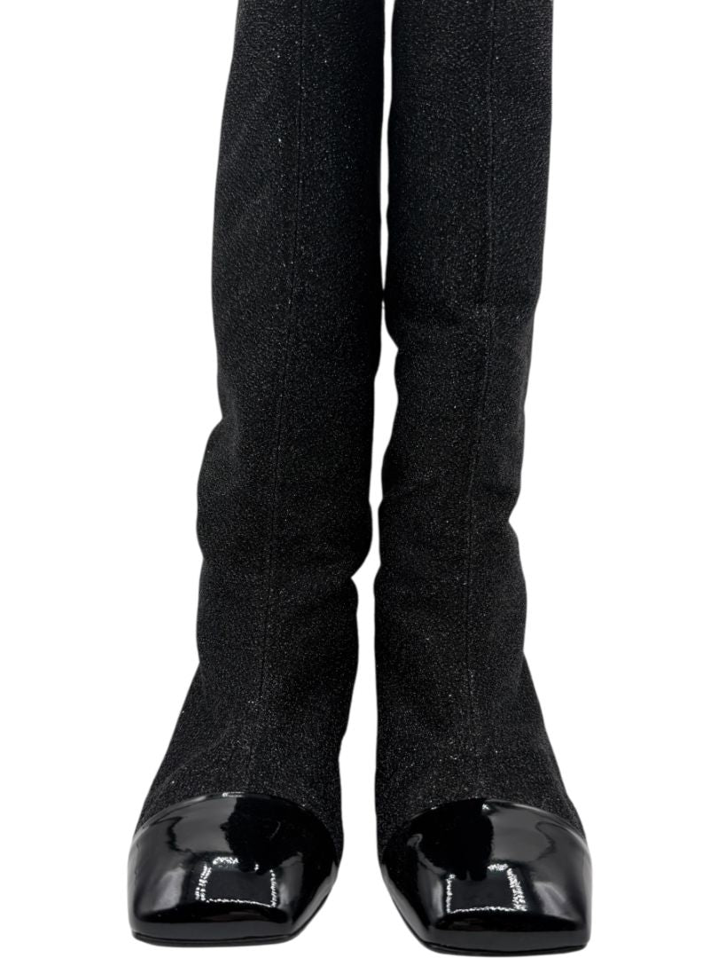Chanel Black Glitter Fabric & Patent Leather Square Toe Boots – Size 39.5