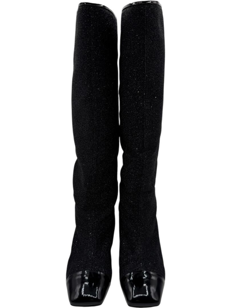 Chanel Black Glitter Fabric & Patent Leather Square Toe Boots – Size 39.5