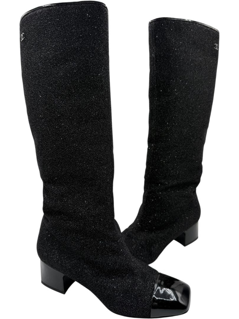 Chanel Black Glitter Fabric & Patent Leather Square Toe Boots – Size 39.5