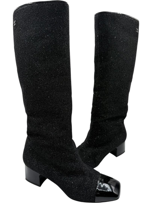 Chanel Black Glitter Fabric & Patent Leather Square Toe Boots – Size 39.5