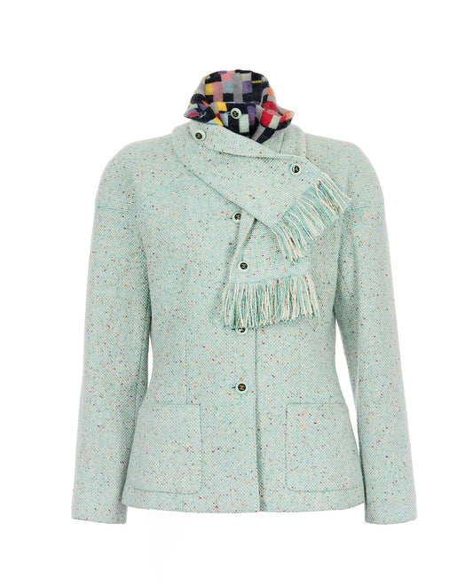 Chanel Women’s Mint Green Wool-Mohair Blend Tweed Jacket with Detachable Scarf – Size 44