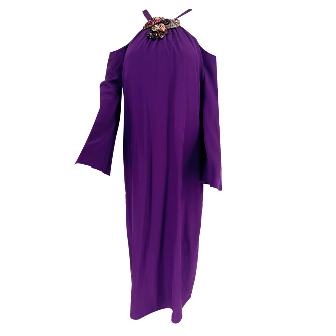 PAMELLA ROLAND Purple Cold Shoulder Beaded Neck Long Sleeve Maxi Dress 10