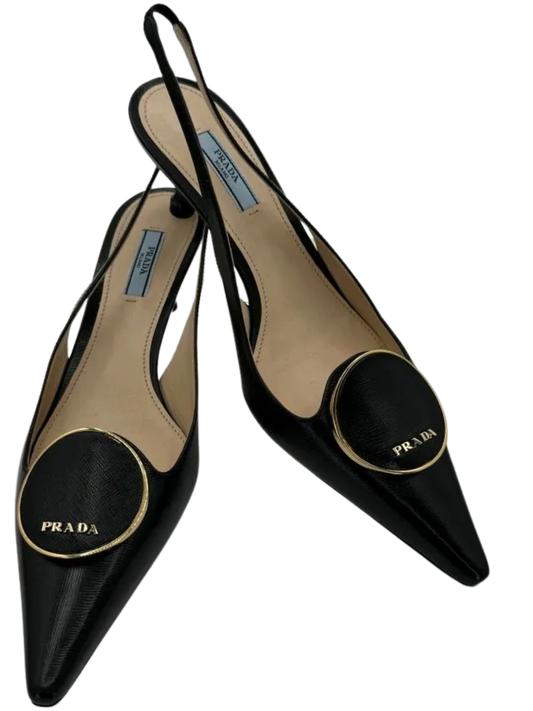 *NEW* Prada Pointed Toe Round Orbit Logo Leather Slingbacks