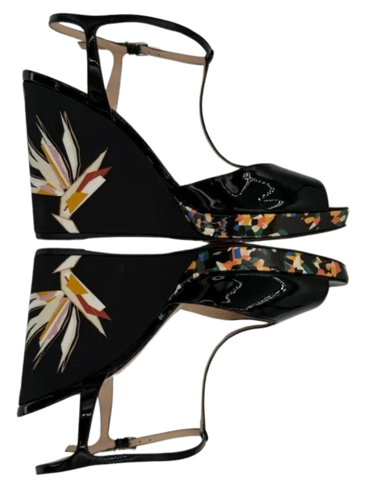 Fendi Black Patent Bird Of Paradise T Strap Wedge Sandals Size 39