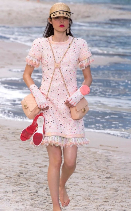 Chanel Runway SS 2019 Pink/Coral Pompom Tweed Dress