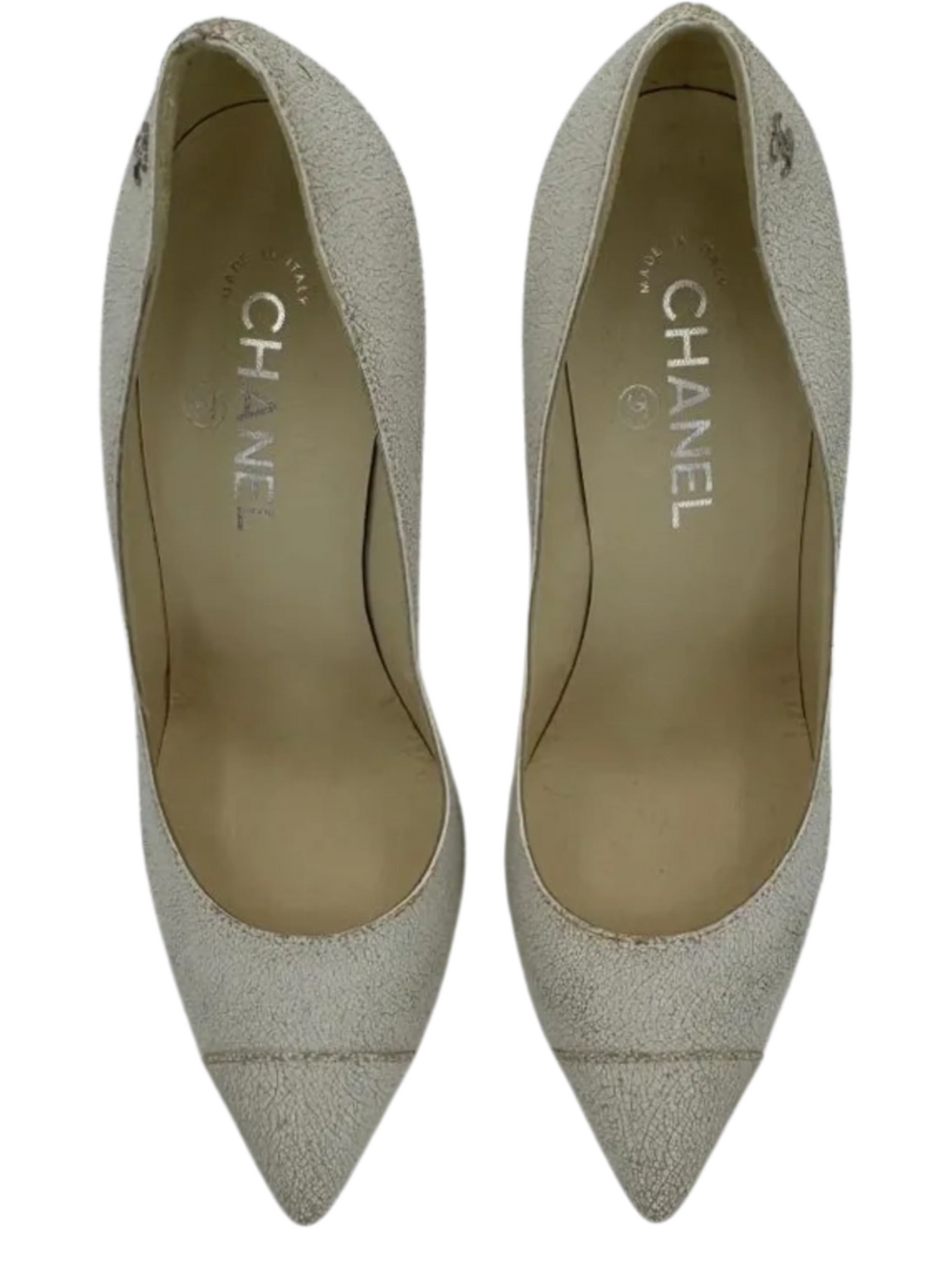 Chanel White Cracked Leather Cap Toe Pumps Size 39