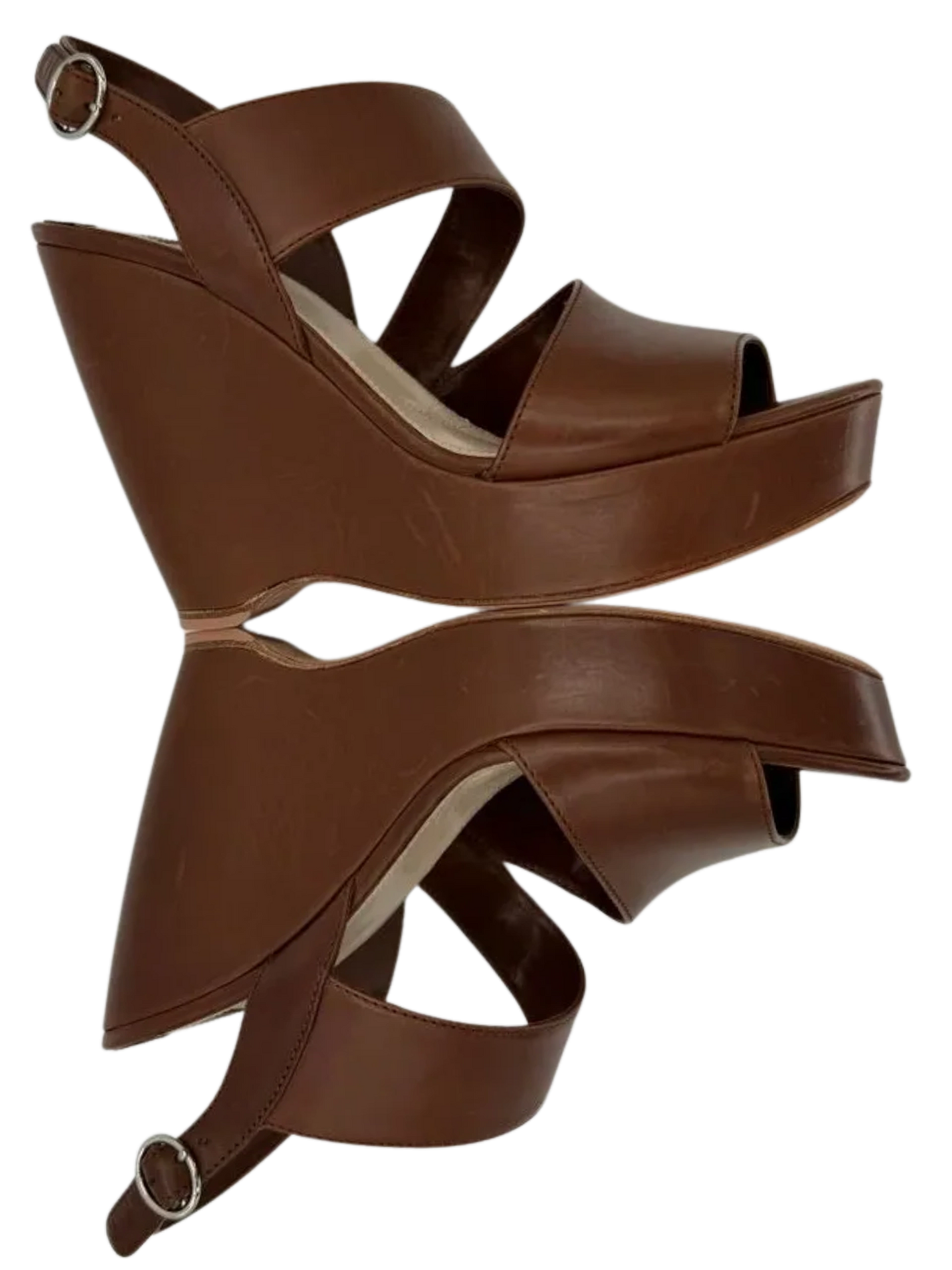 Prada Asymmetric Calfskin Wedge Sandal, Brown