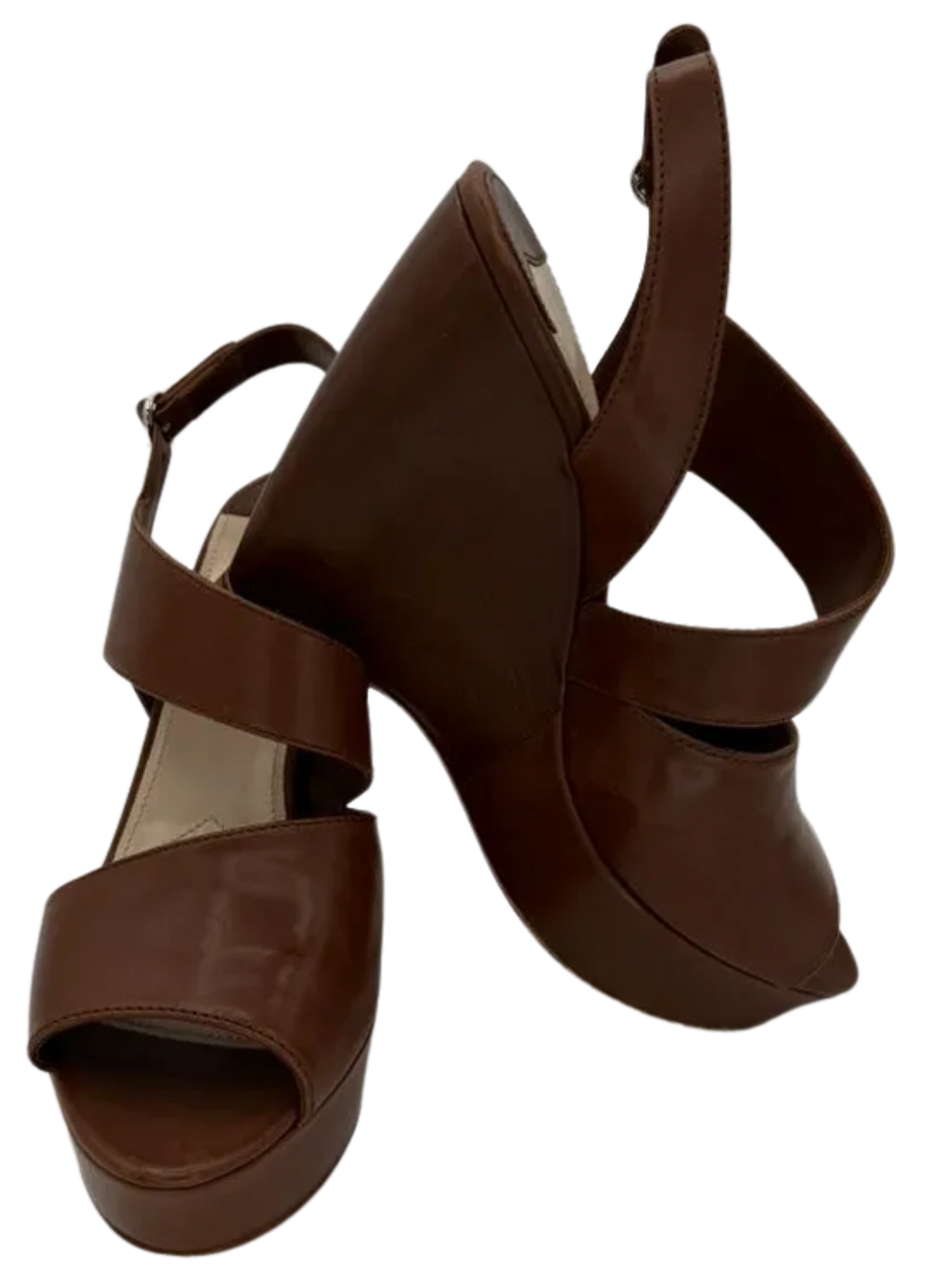 Prada Asymmetric Calfskin Wedge Sandal, Brown