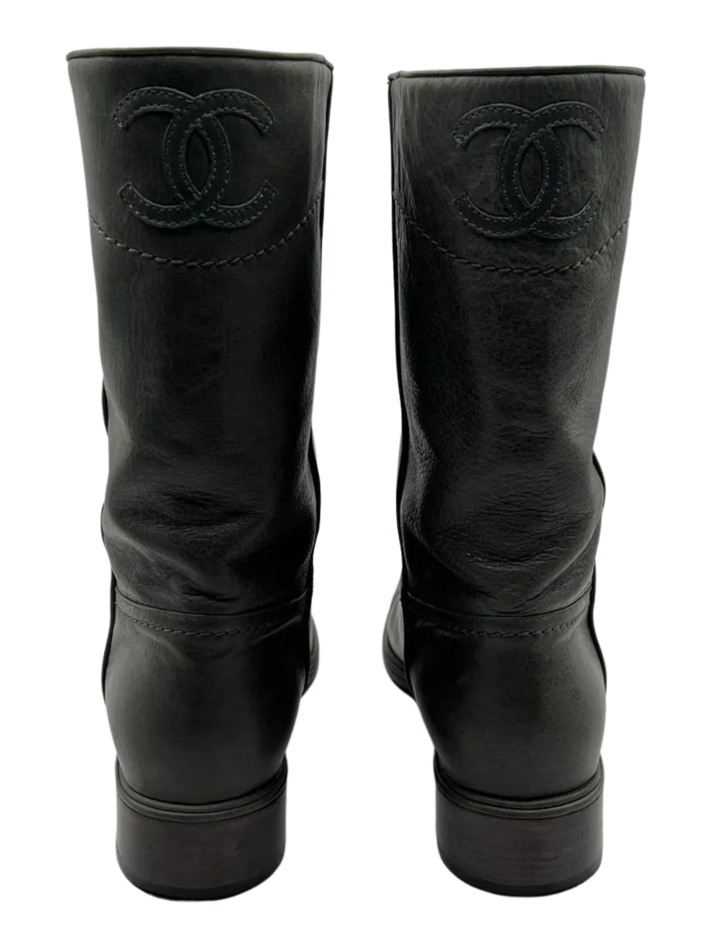 Chanel Grey Leather Mid Calf Boots