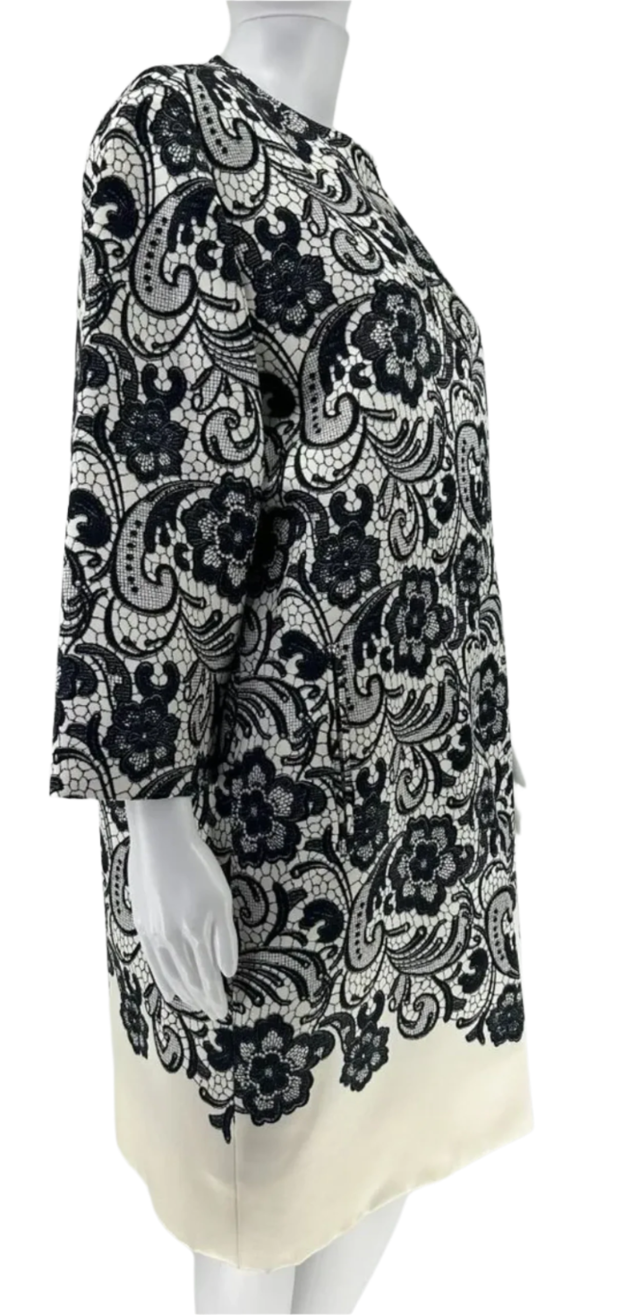 Dolce & Gabbana  Black and White Lace Print on Creamy Duchess Satin, Evening Topper/Coat/Jacket.