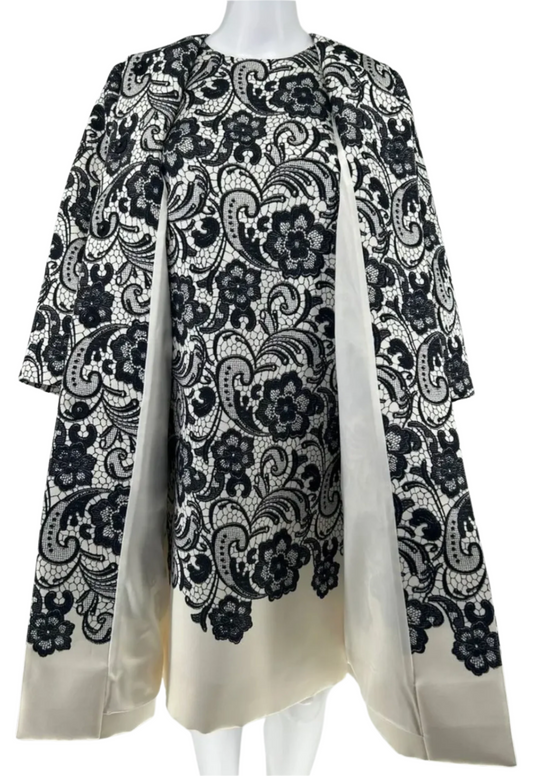 Dolce & Gabbana  Black and White Lace Print on Creamy Duchess Satin, Evening Topper/Coat/Jacket.