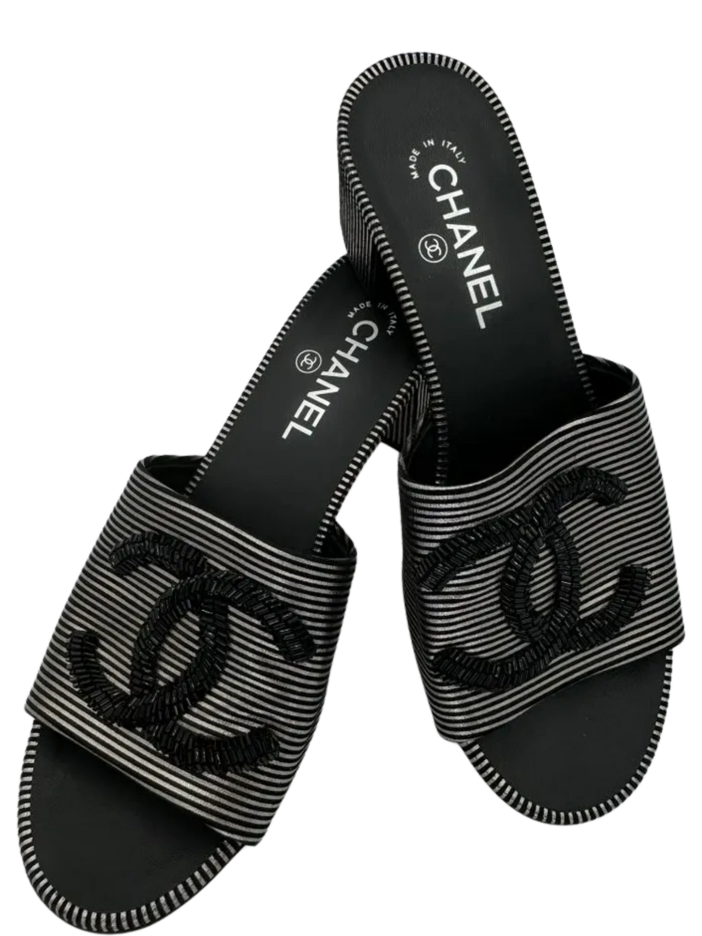 Chanel Women's CC Slide Sandals Embellished Striped Suede Sz. 39.5