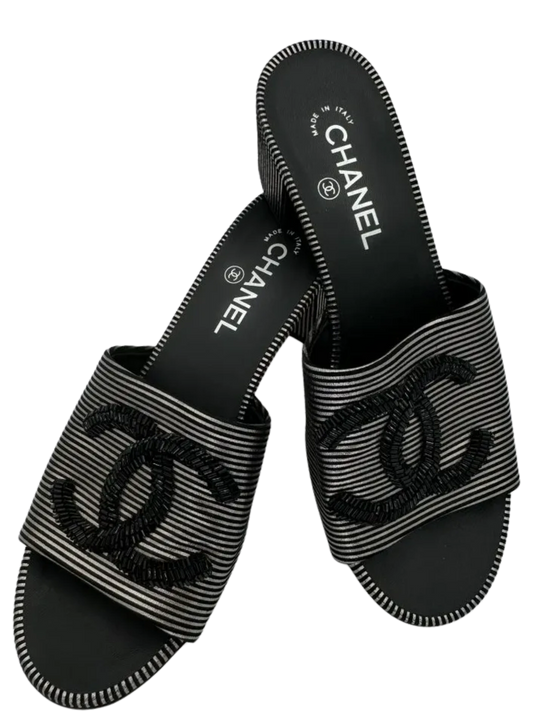 Chanel Women's CC Slide Sandals Embellished Striped Suede Sz. 39.5