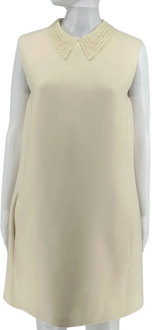 Christian Dior Ivory Wool Silk Blend Crepe Shift Mini Dress- Collared, Sleeveless Size 42/10