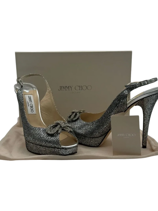 Jimmy Choo Silver Glitter Crystal Embellished Ankle Strap Platform Sandal