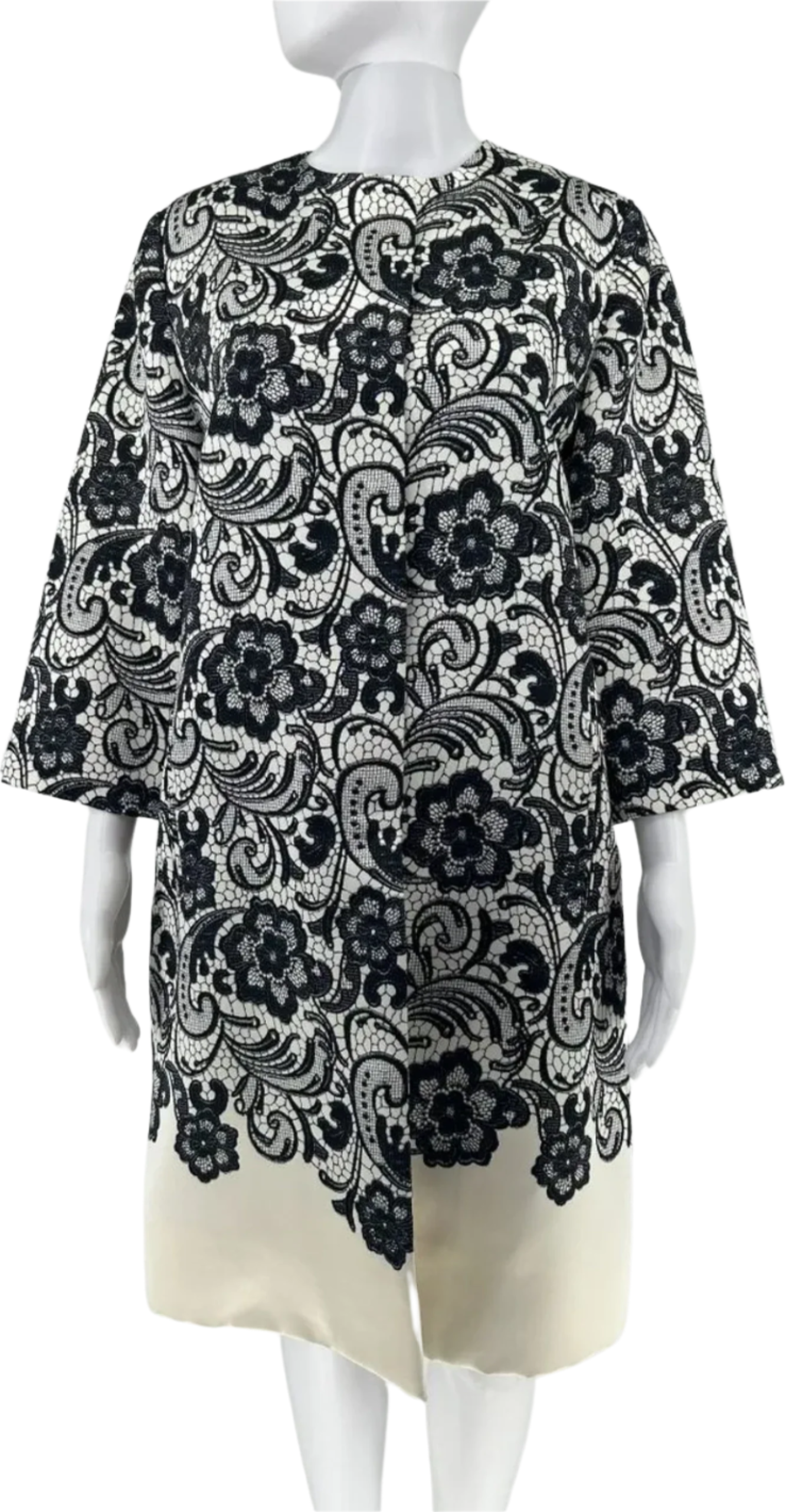 Dolce & Gabbana  Black and White Lace Print on Creamy Duchess Satin, Evening Topper/Coat/Jacket.