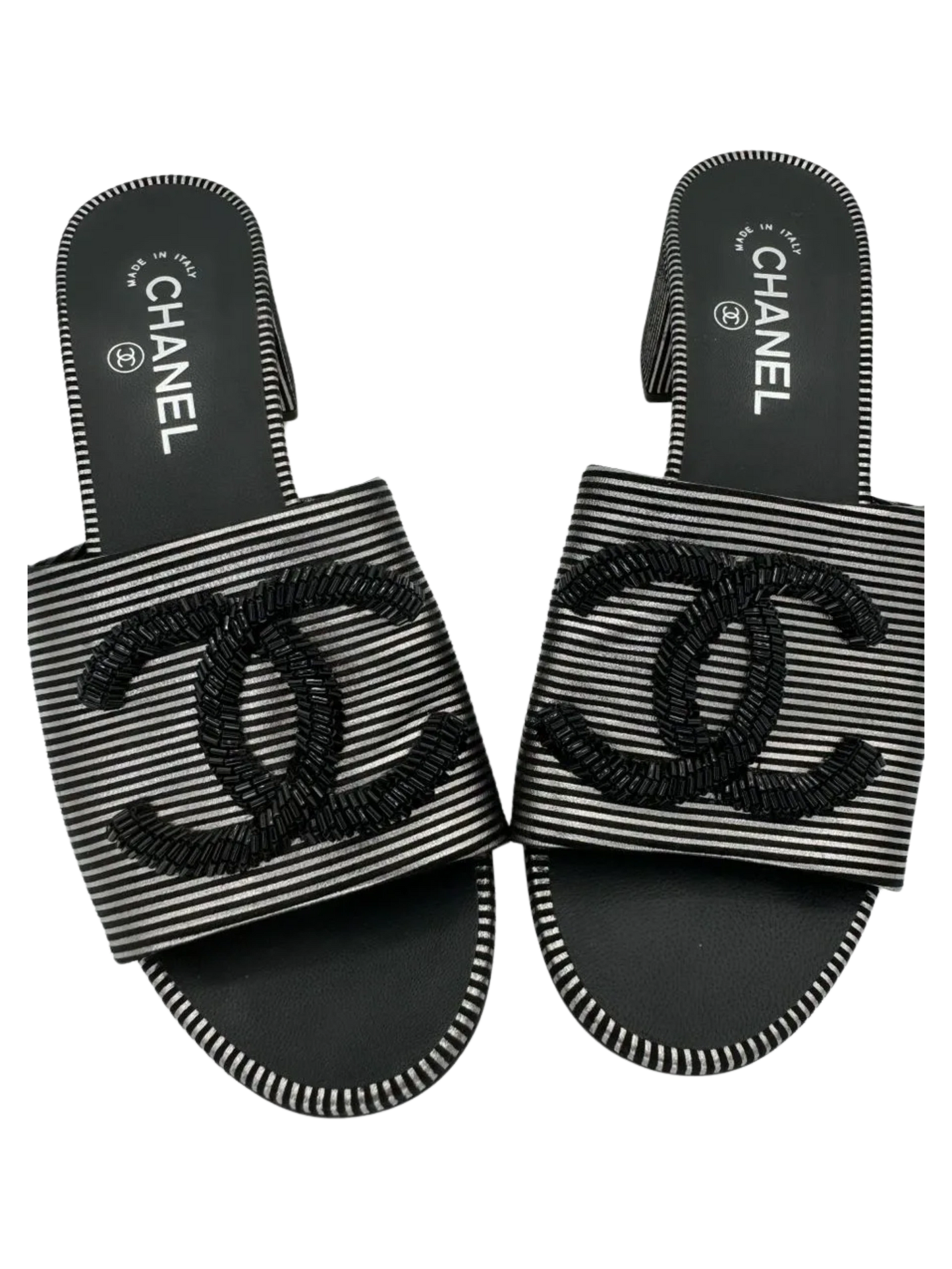 Chanel Women's CC Slide Sandals Embellished Striped Suede Sz. 39.5