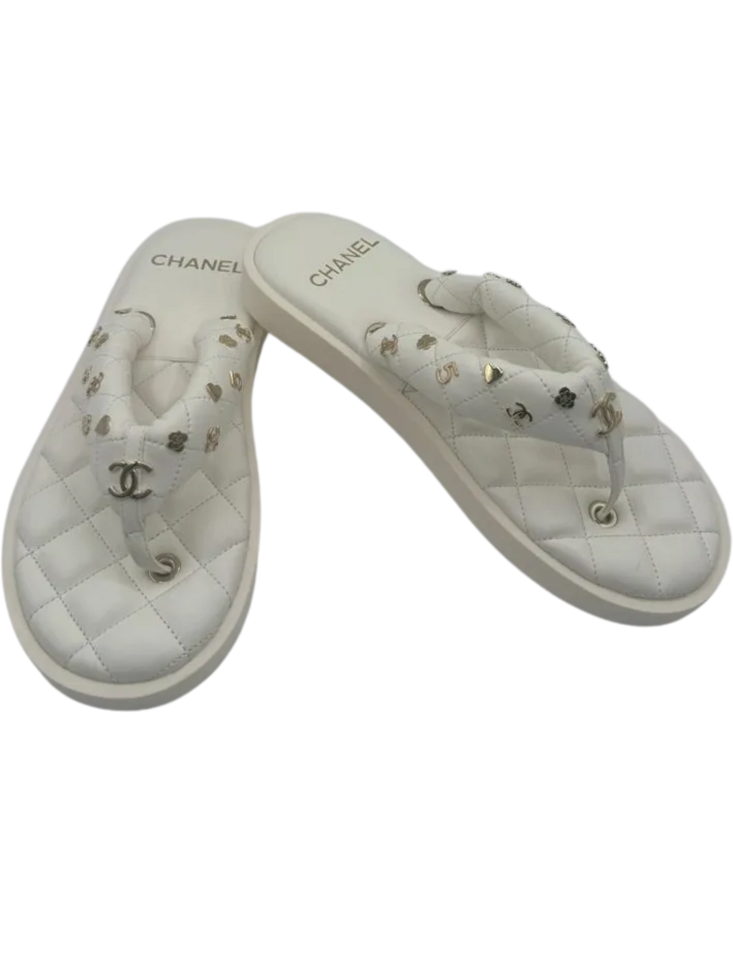 Chanel Spring 2023 White Quilted Charms Padded Pool Thong Sandal