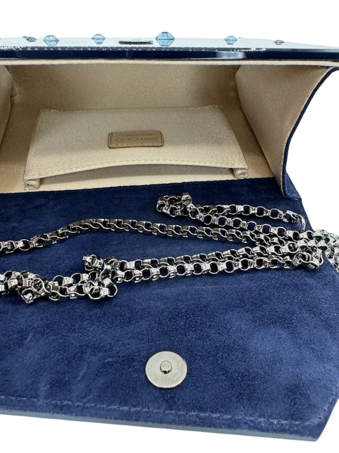 JIMMY CHOO Candy Crystal Chain Clutch Midnight Blue