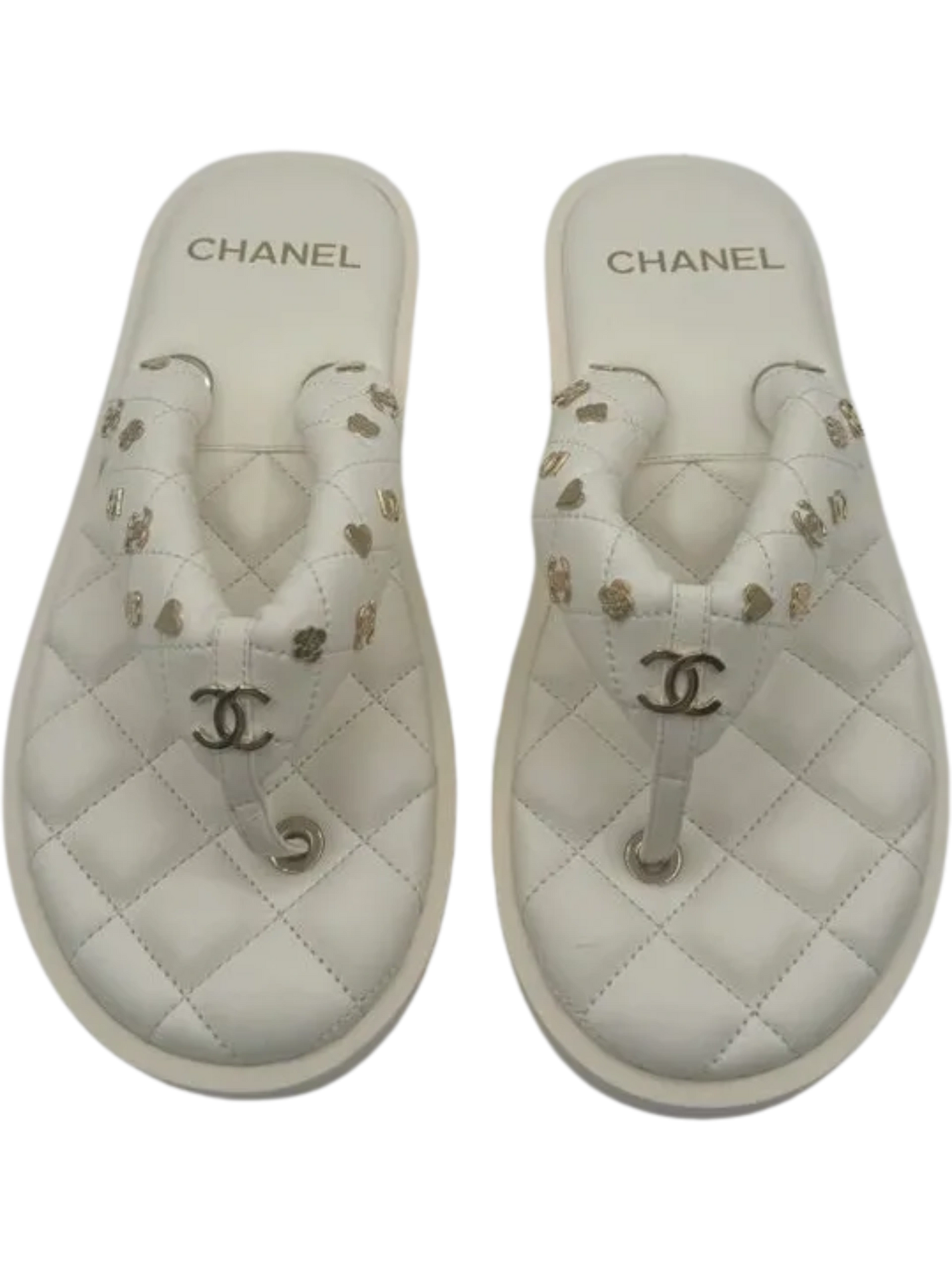 Chanel Spring 2023 White Quilted Charms Padded Pool Thong Sandal