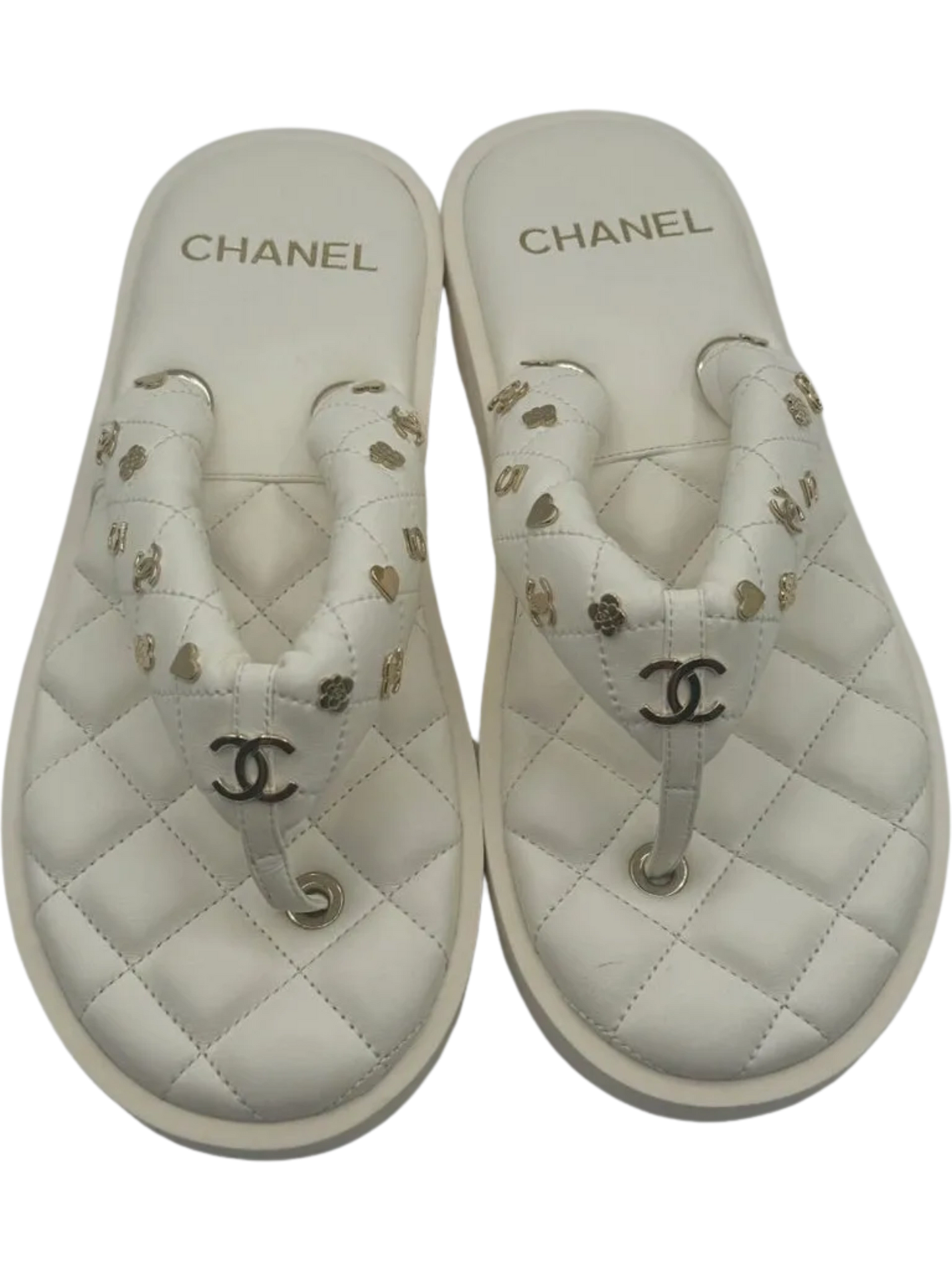 Chanel Spring 2023 White Quilted Charms Padded Pool Thong Sandal