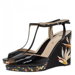 Fendi Black Patent Bird Of Paradise T Strap Wedge Sandals Size 39